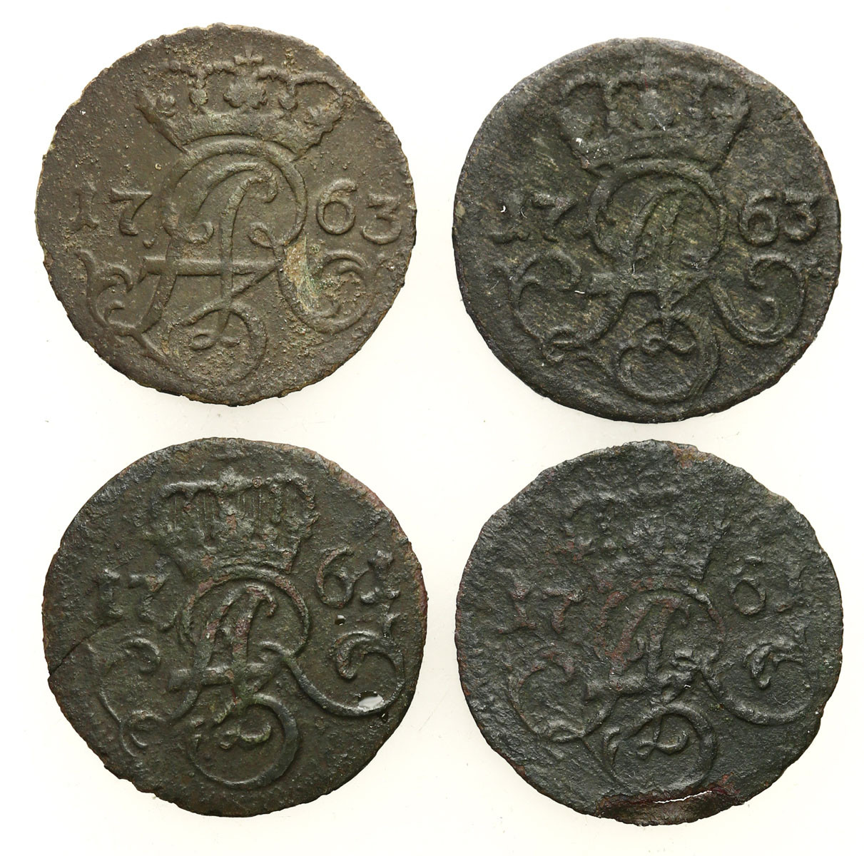 August III Sas. Szeląg 1761, 1763 Elbląg, zestaw 4 monet